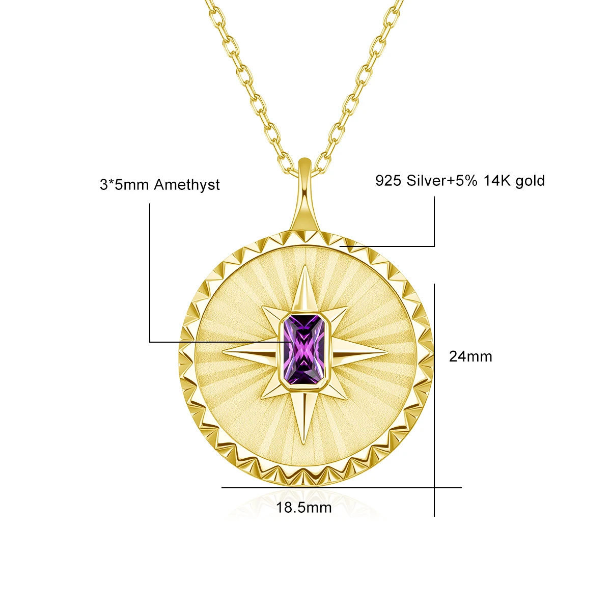 Natuurlijke Amethist Sunburst Disc Ketting 14K Goud Gevulde Emerald Cut Moissanite Hanger Verbleekbestendig Vintage Sieraden voor Vrouwen