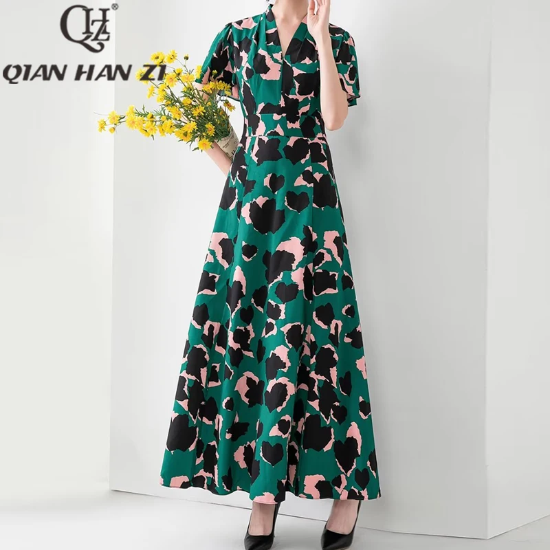 

QHZ Designer customization Fashion woman long dress 2023 Vintage V-neck Amazing green maple leaf print Vacation Maxi Dress