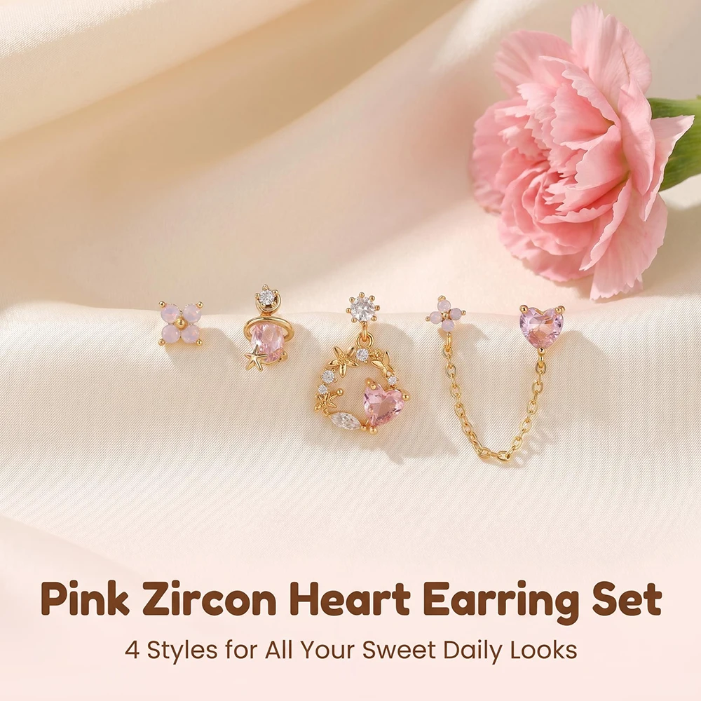 

4Pcs Women Gold Plated Pink Cubic Zirconia Heart Flower Linked Chain Drop Y2K Piercing Earring Set Jewelry Gift for Her