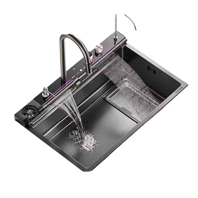 

4 stainless steel, kitchen sink digital display integrated household single slot Feiyu waterfall digital display multi-function