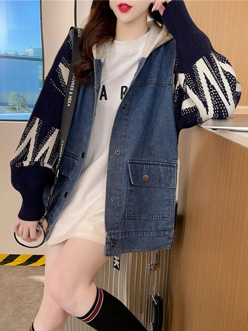 Sweater Patchwork Denim Jacket Loose Korea Fashion Casual Trend Women Korea Autumn Knitted Cardigan Coat Autumn Winter Clothing