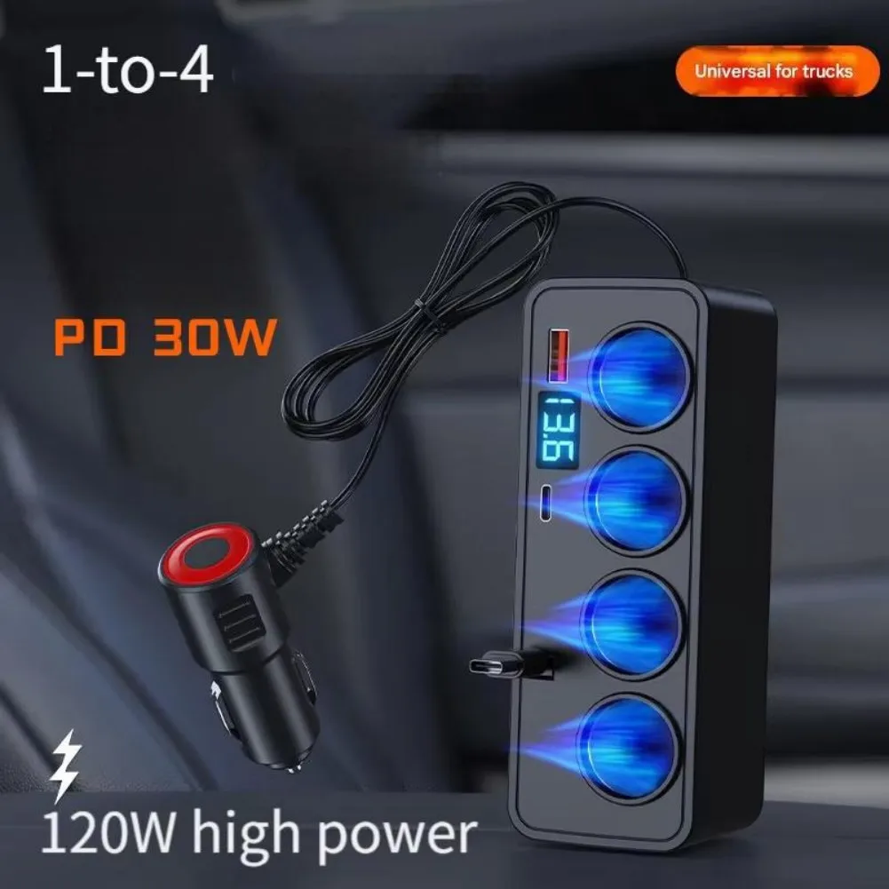 

Voltage Display Charger 120W Car Charger 12V 24V Car Adapter PD Fast Charging 12-24V Compatibility ABS Material