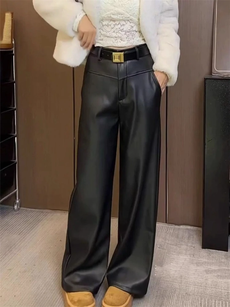 

Women Thicken Leather Pants Fall/Winter Velvet Warm High Waist Slacks 2025 New Fashion Loose Plus Size Street Wide Leg Trousers