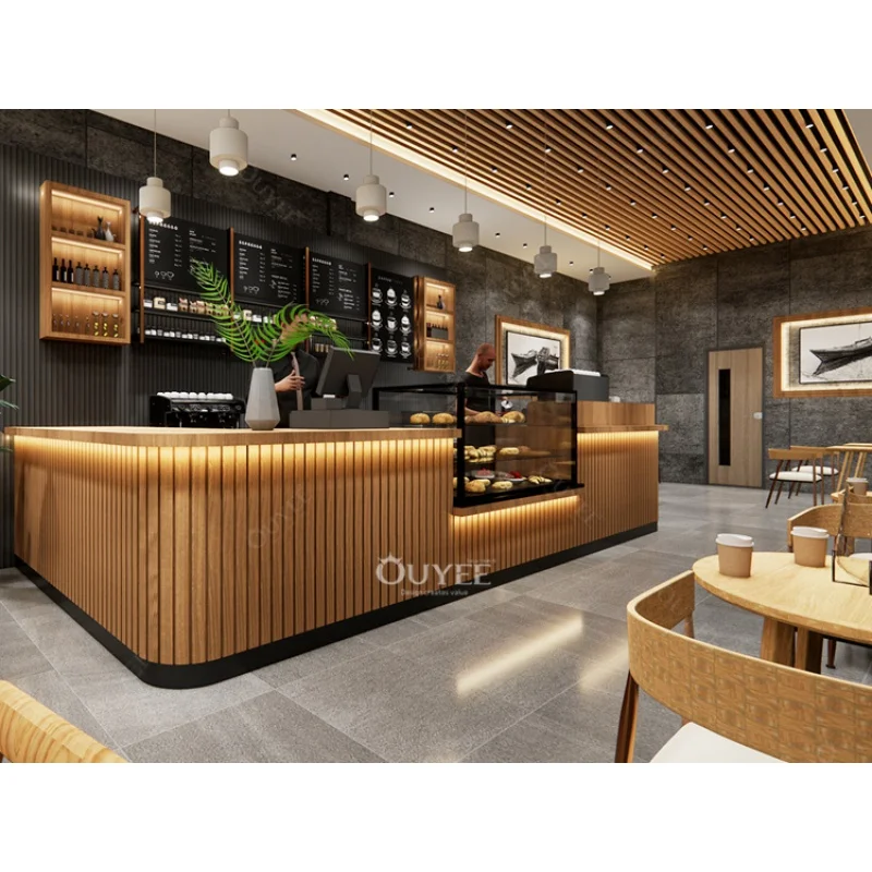 Customized-Cafe Kiosk Design Counter Coffee Shop Decoration Wood Cabinets Coffee Shop Counter Bar Coffee Shop