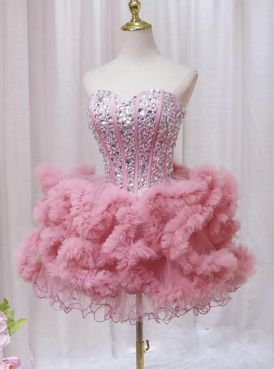 

Tulle Homecoming Dresses Sparkling Teens Quinceanera Dresses Ball Gown Short Cocktail Performance Prom Dresses