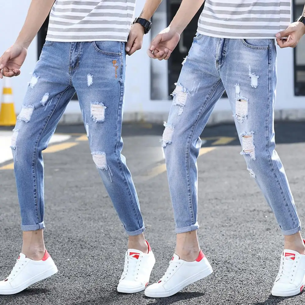 Veelzijdige Lichtgewicht Stijlvolle Gescheurde Gaten Mannelijke Potlood Jeans Streetwear