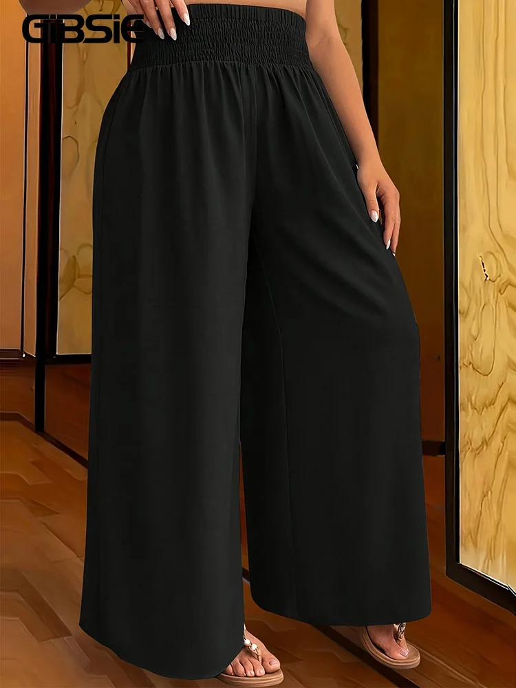 

GIBSIE плюс размер повседневные черные брюки с высокой эластичной резинкой на талии женские весенне-летние модные однотонные свободные широкие длинные брюки