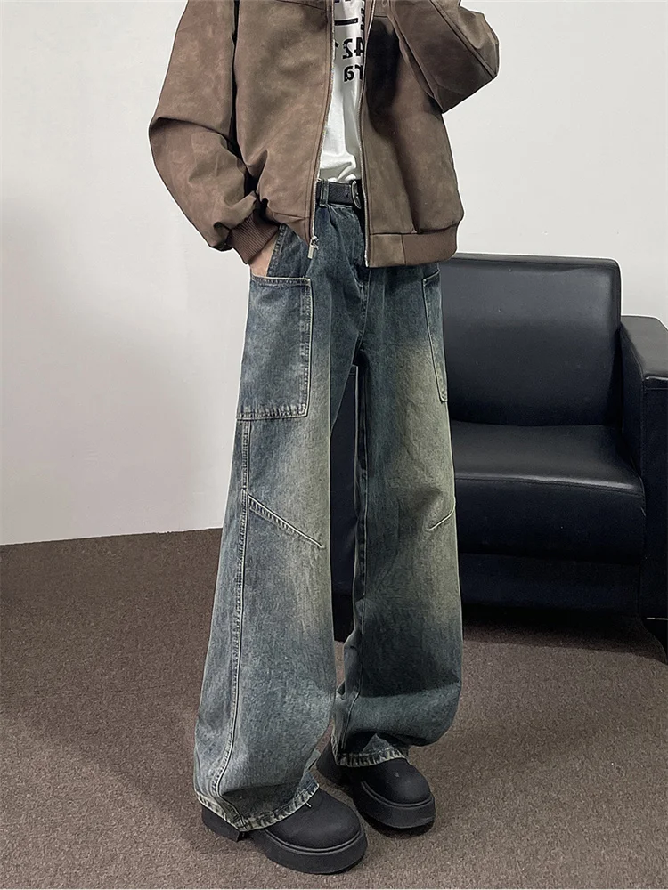 

Loose Fit Men's Denim Jeans Multiple kets Splicing Workwear Casual American Sle Vintage Waed Straight Leg Loose Jeans