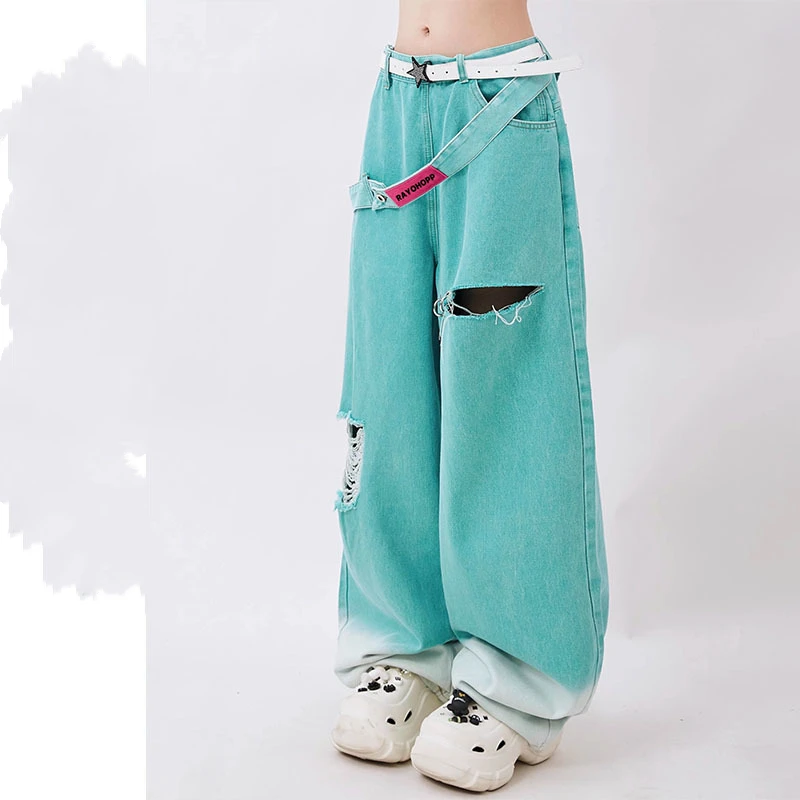 Spring Summer Elastic Waist Fashion Gradient Wide Leg Trousers High Street Pockets Patchwork Hole Loose Street Dance Pants JJ47