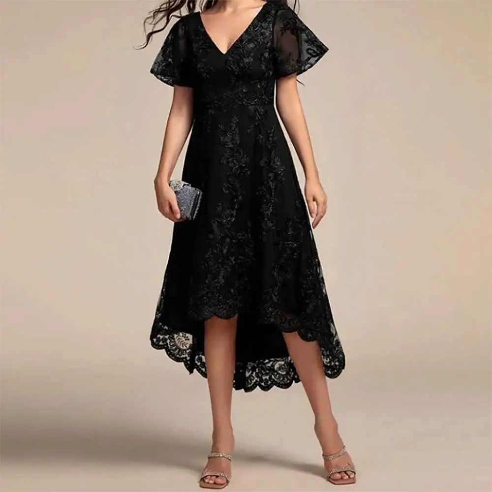 

2025 New V-Neck Lace Evening Dresses for Women Prom Party Cocktail Gowns Short Sleeve Backless Formal Asymmetrical Dress