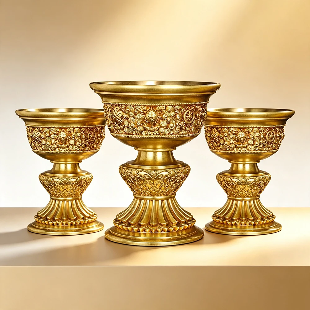 Tibetan Brass Butter Lamp Holder, Eight Auspicious Symbols Vase Dharma Protector Cup, Home Shrine Offering Utensil & Ornament