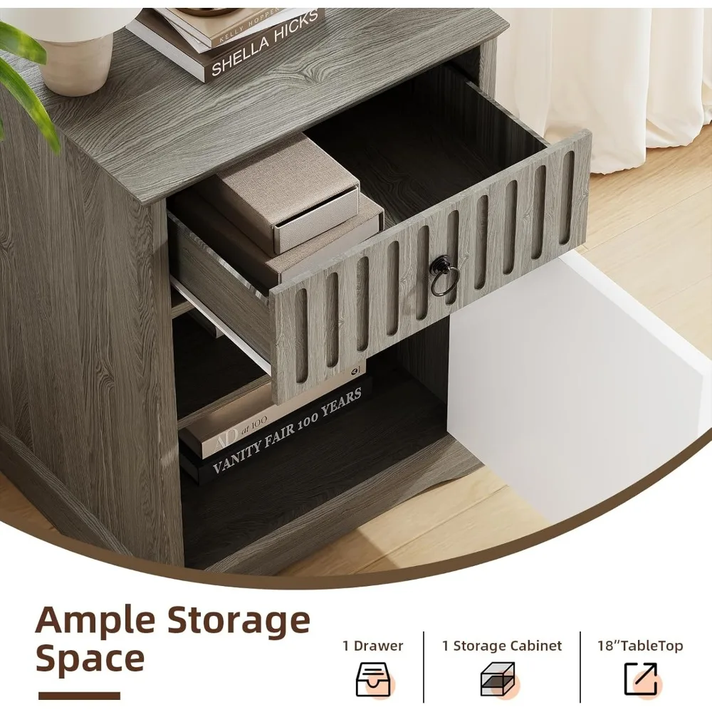 Rustic Storage Nightstand with Drawer for Farmhouse Bedroom and Living Room End Table