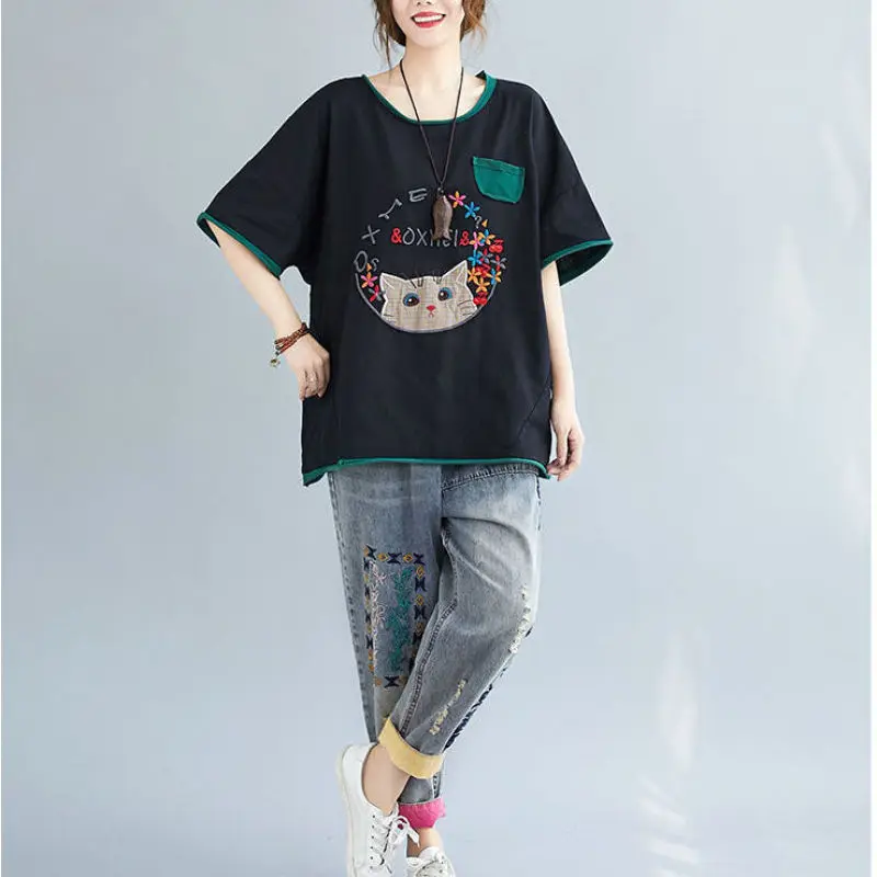 Women Summer Simplicity Loose Large Size Embroidered O-neck Short Sleeve T-Shirt Women Clothes Casual Vintage All-match Tops