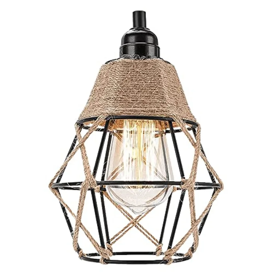 Vintage Boho Lamp Shades Rustic Industrial Woven Pendant Light Wall Sconces Lampshade Metal Bulb Guard Cage for Hanging Pendant