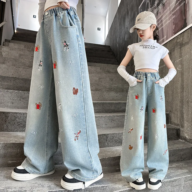 

teen Girls cartoon dog Jeans 2025 Western Style Embroidered Straight Leg Pants junior kids Casual Long Pants Child trousers 4-14