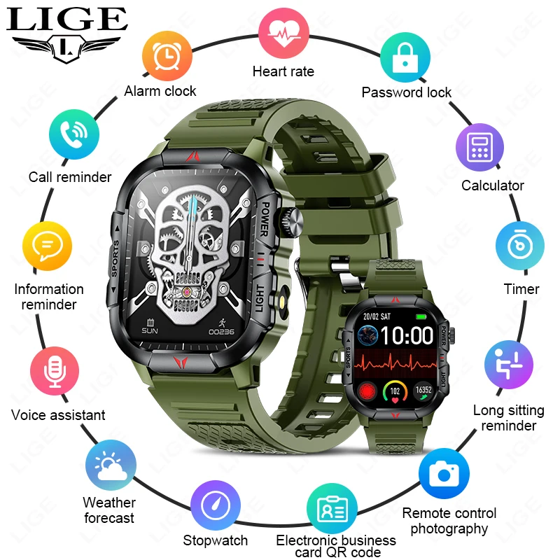 

LIGE светодиодный фонарик мужские умные часы водонепроницаемые часы 2,01-дюймовый HD-экран браслет для здоровья военные спортивные умные часы на открытом воздухе мужские
