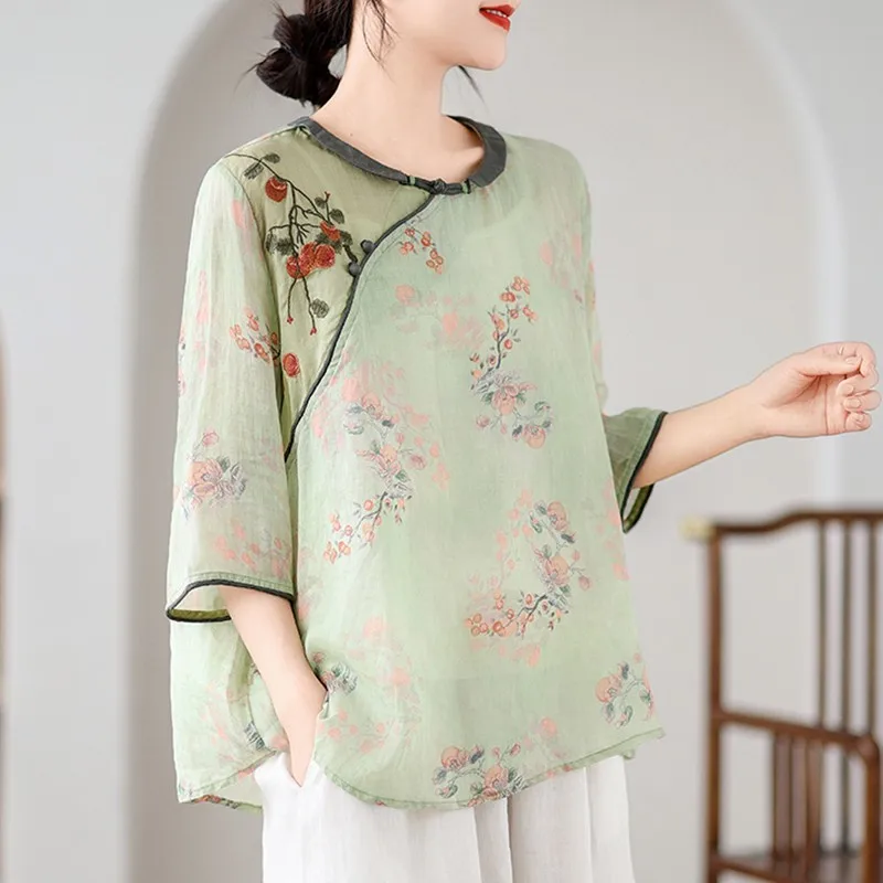 Women Casual Blouse Shirt New Arrival 2024 Summer Chinese Style Vintage Floral Print Loose Female Tops Shirts W1824