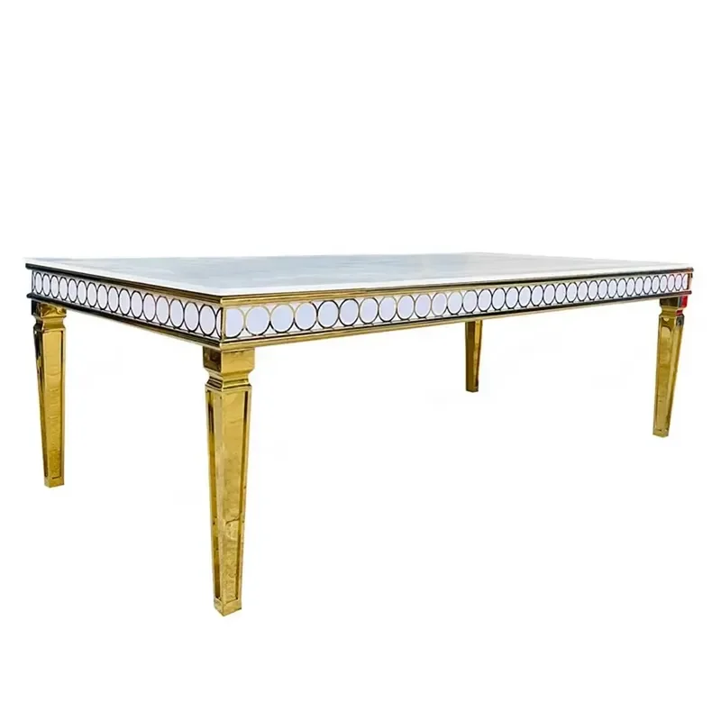 Modern Rectangle Wedding Event Table Stainless Steel Gold Frame Banquet Mirror Glass Top Wedding Table