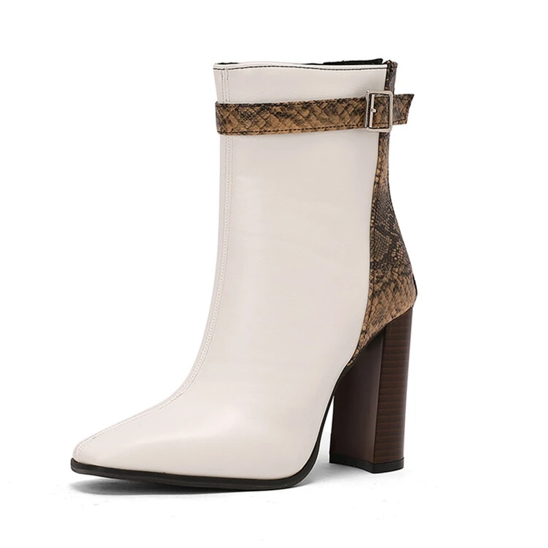 Girseaby Women Fashion Pointed Toe Ankle Boots 10cm Thick Heels Leather Buckle Big Size US16 45 47 49 50 White Brown Blue Party