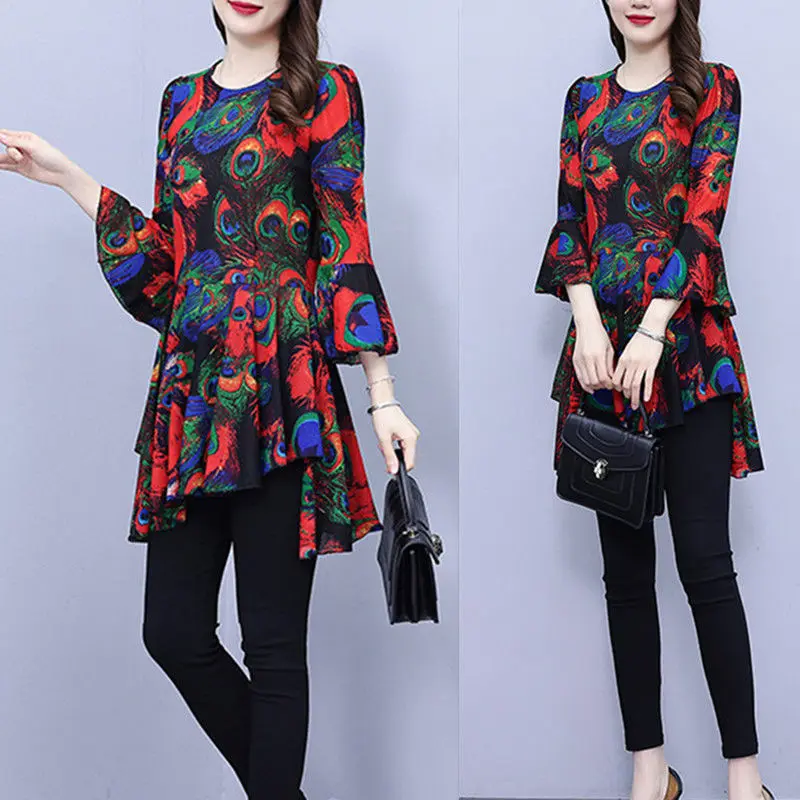 Spring Autumn New Women's Pullovers Printed Crew Neck Elegant Slim Versatile 3/4 Sleeve Commuter Asymmetrical Chiffon Tops