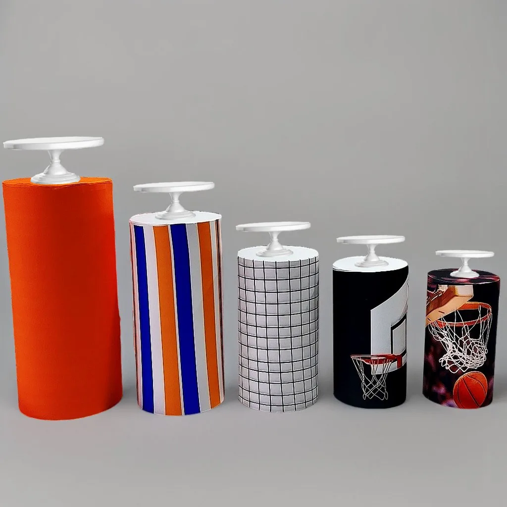 1set (5 Pcs) Cylinder Covers Basketball Sport Theme Stretchy Pedestal Cover for Birthday Party Baby Shower Tablecloth Decor Prop