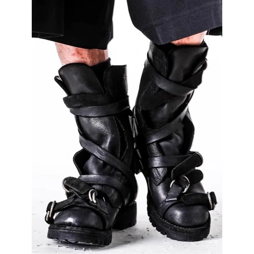 Men's Leather Motorcycle Boots Punk Retro Thick Soled Mid-Calf Knight Boots Black Soft Belt Buckle Strap High-top Moccasin Shoes