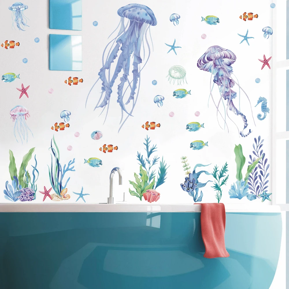 Under The Sea Jellyfish Wall Stickers Ocean Underwater Seaweed Wall Decal  Bathroom Home Wall Decor