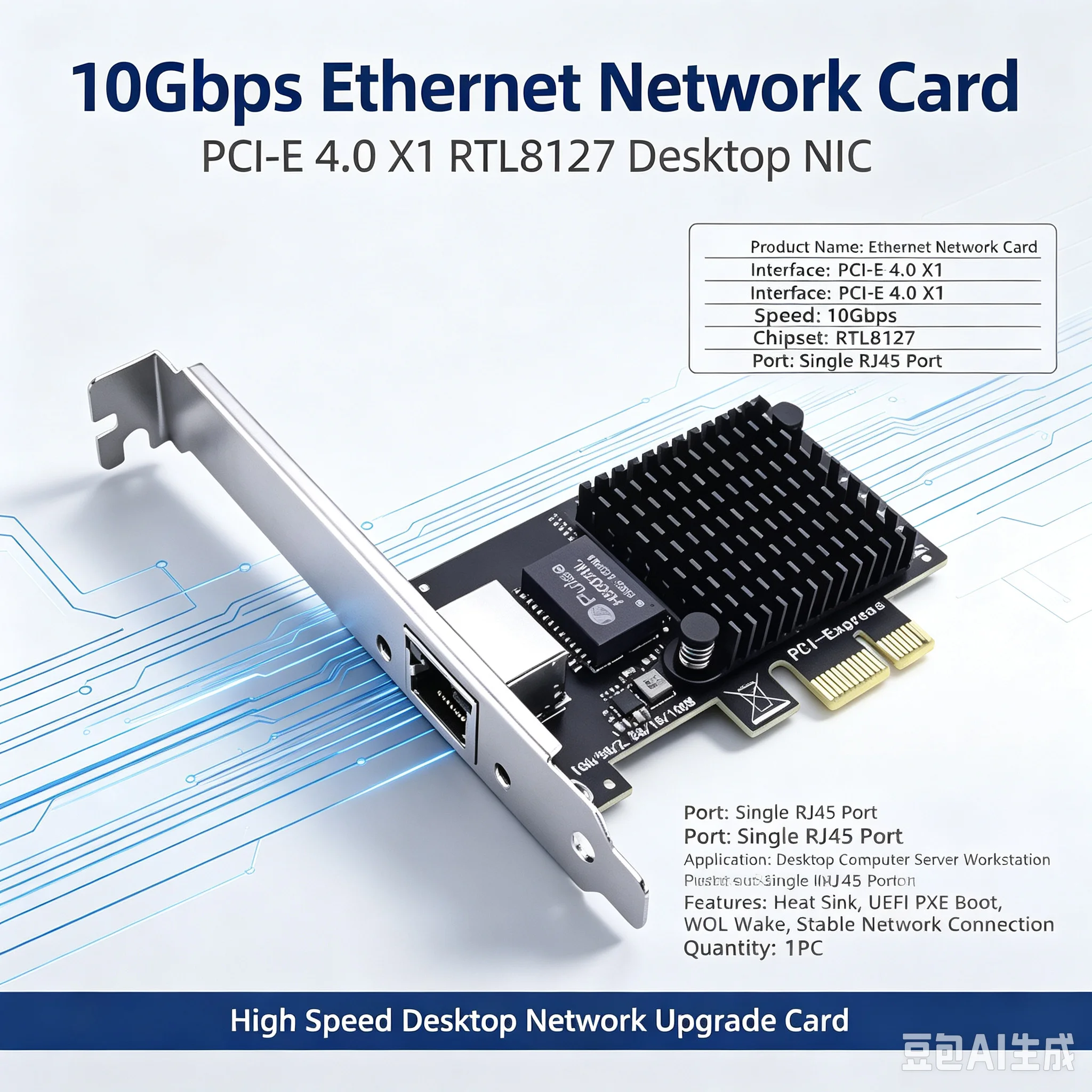 1 pc PCI‑E 4.0 X1 10Gbps Ethernet Network Card RTL8127, Single RJ45 Port Desktop NIC With Heat Sink, Support UEFI PXE Boot