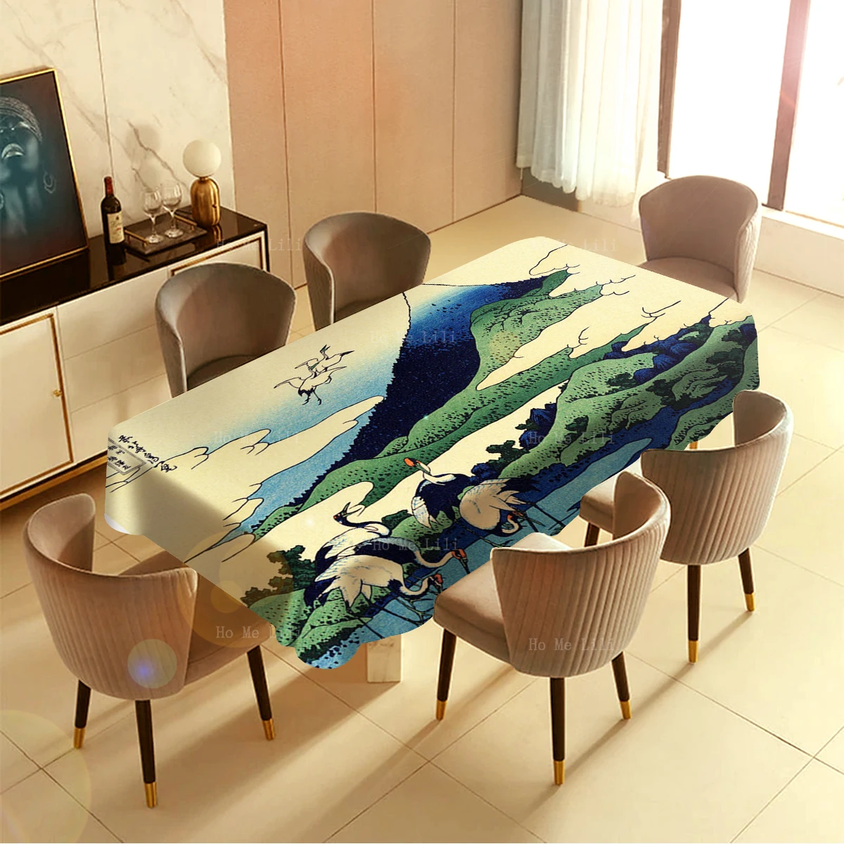 Red Crowned Cranes Vintage Japan Ukiyoe Mount Fuji Landscape Waterproof Rectangular Tablecloth By Ho Me Lili Tabletop Decor