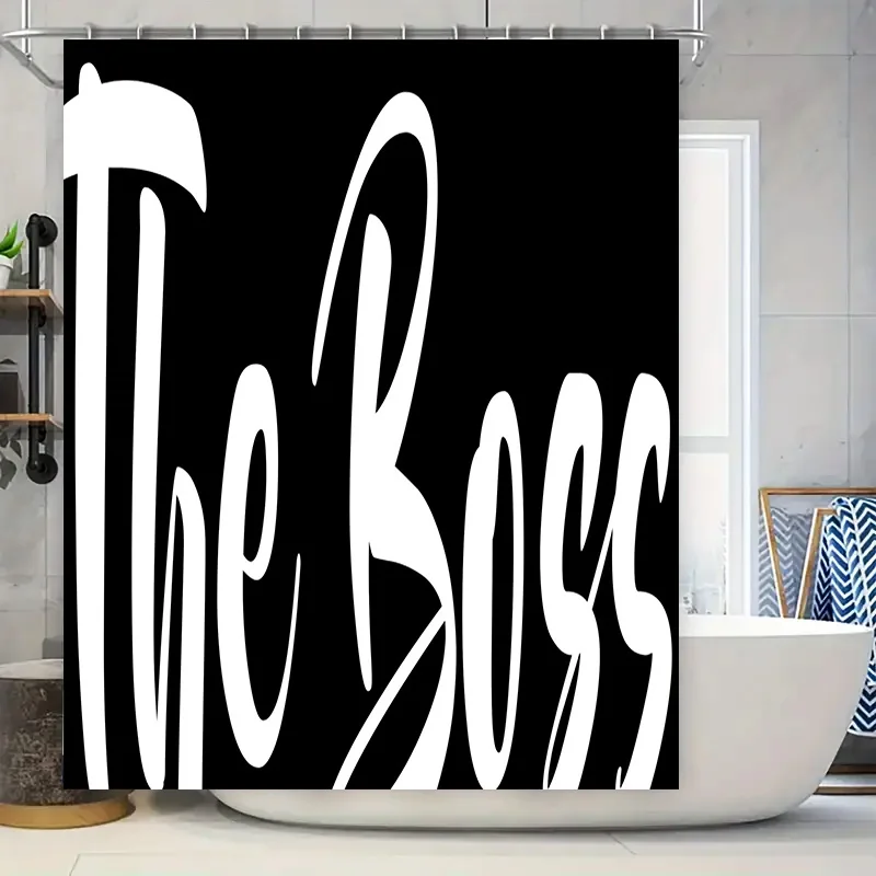 

Жирная стильная занавеска для душа The Boss с белыми надписями на черной ткани, идеально подходит для декора ванной комнаты