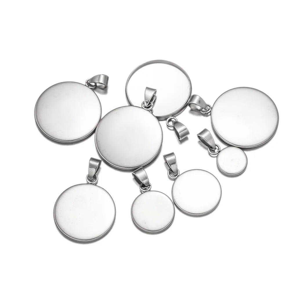 10Pcs Round Stainless Steel Pendant Settings Cabochon Simple Melon Seed Buckle Base Trays Connector DIY Necklace Jewelry Making