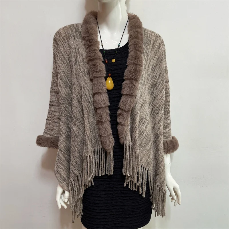 

2024 New European American Tassel Cape and Shawl Sweater Women's Fur Collar Cardigan Coat Wholesale