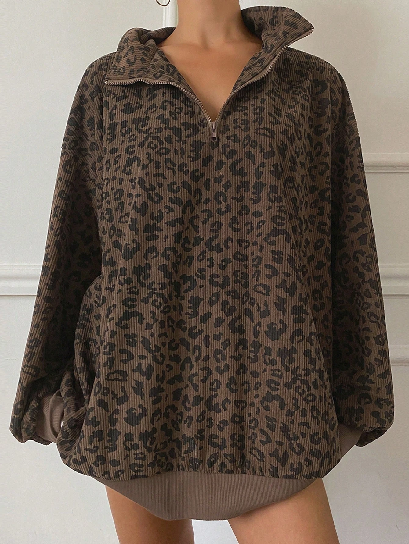 Women Casual Zip Up Front Long Sleeve Leopard Print Sweatshirt