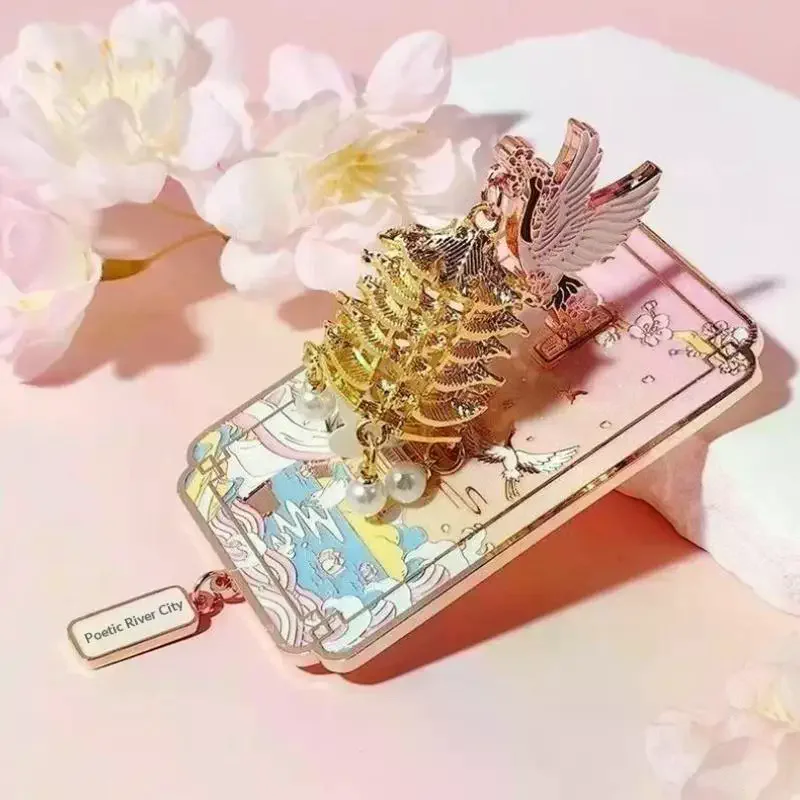 Unique Chinese Style LED Fridge Magnet , Light Up Metal Souvenir Of Yellow Crane Tower With Cherry Blossom Gift