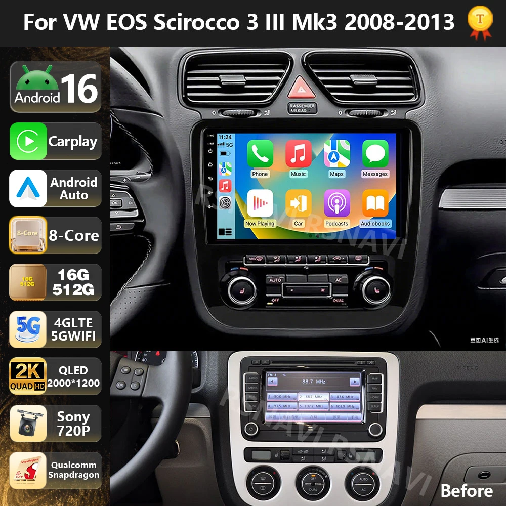 Qualcomm Android 16 Car Radio Multimedia Player For Volkswagen EOS Scirocco 3 III Mk3 2008 - 2014 Auto Carplay Stereo Navigation