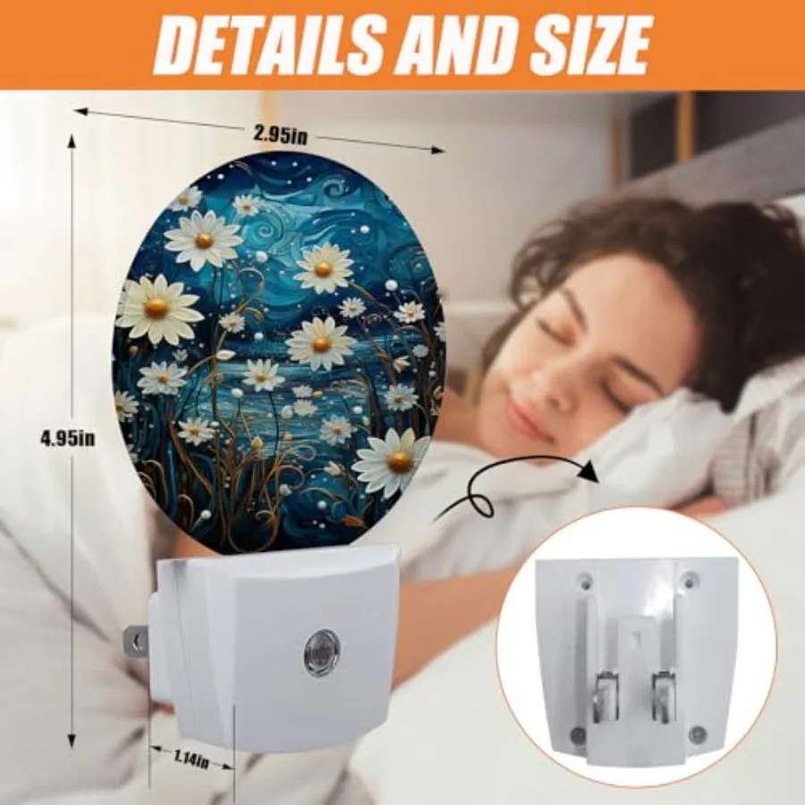 Vintage Flower Floral Night Light, White Starry Sky Nightlight Plug into Wall LED Lamp Auto Sensor Dusk to Dawn for Bedrooms/Ki