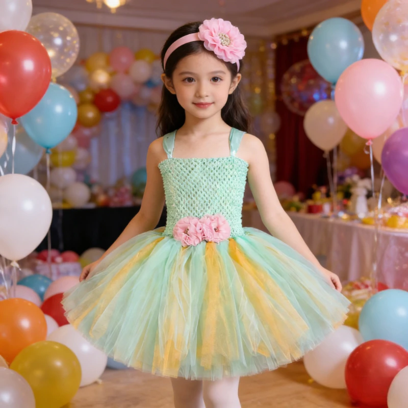 Mint Green Gold Flower Girl New Years Outfit Children Dresses for Kids Birthday Party Clothes Pink Flower Princess Ballet Tutus