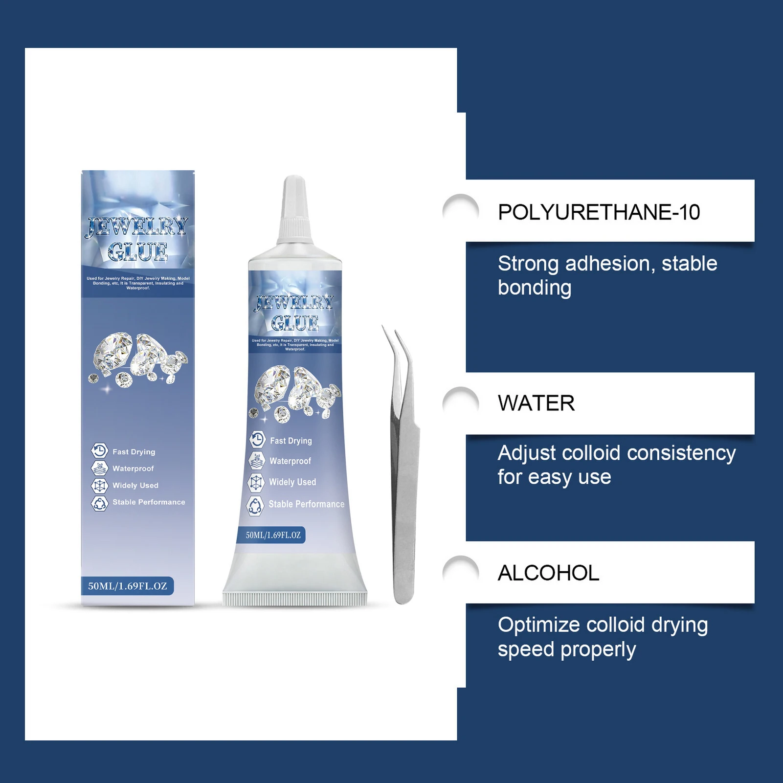 Transparent Jewelry Glue for Diamond Setting Waterproof Strong Adhesion Quick Curing Professional Use with Tweezers 50ml