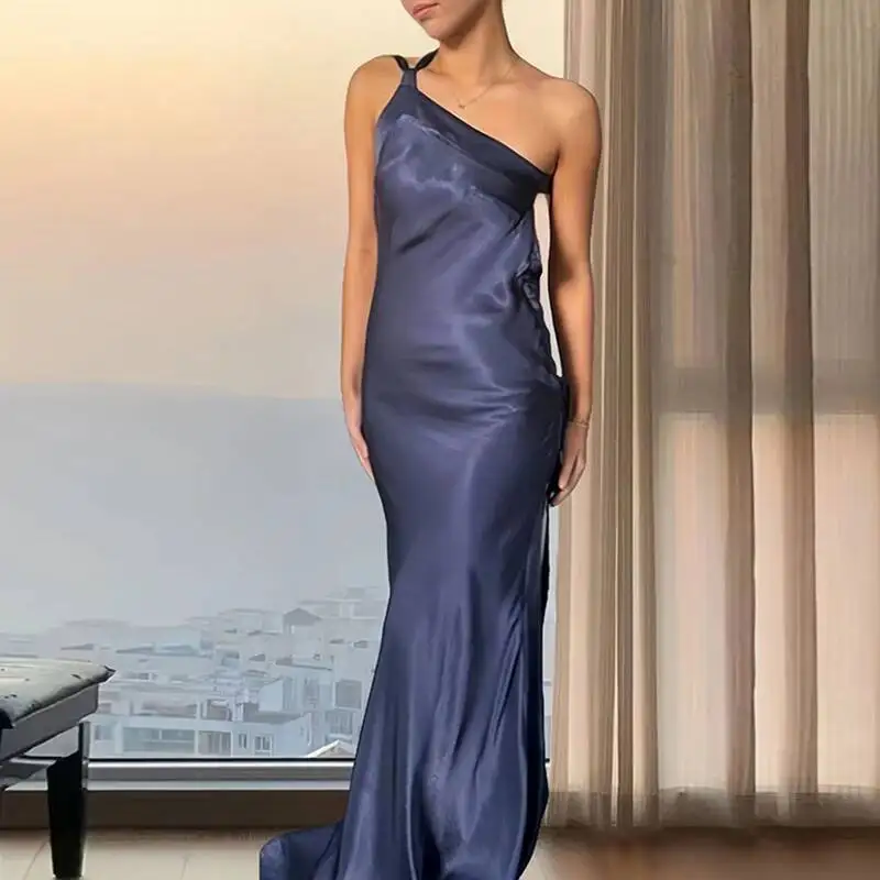 Vestido largo de satén Sexy para mujer, Vestidos de fiesta para discoteca, verano 2021, sin mangas, sin espalda, con cordones, sirena