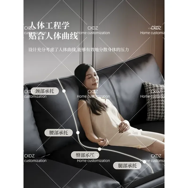Black Leather Sofa Living Room First Layer Cowhide Minimalist Retro Straight Row Light Luxury Modern Simple Couch