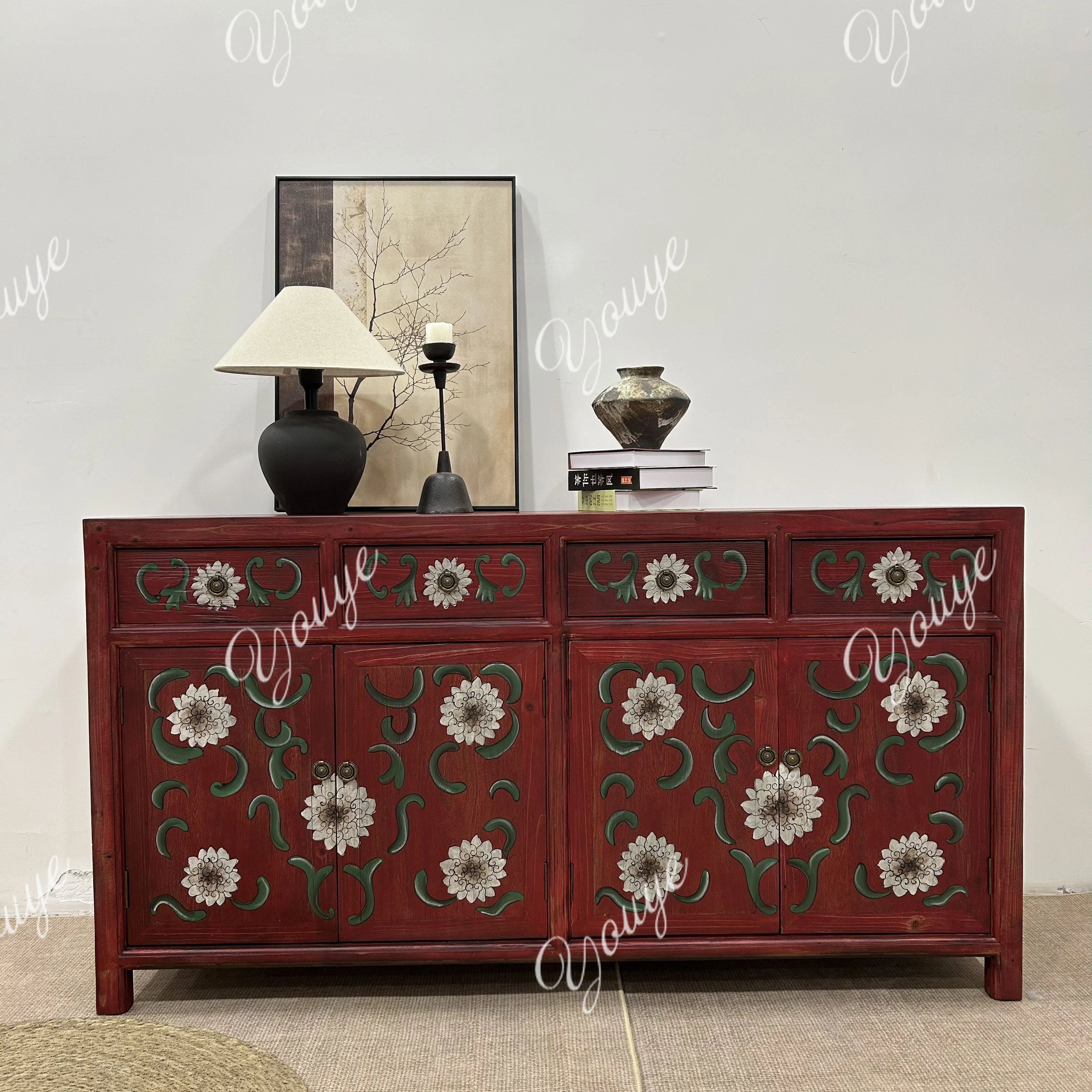 

Medieval elm dining side cabinet antique pure hand-painted storage solid wood porch foyer cabinet living room decoration cabinet