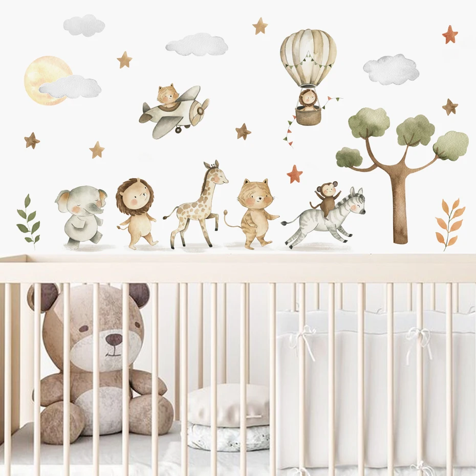 Watercolor Cartoon Cute Animals Wall Stickers Elephant Giraffe Tiger Tree Kids Room Wall Decals Decorative Sticker for Wall