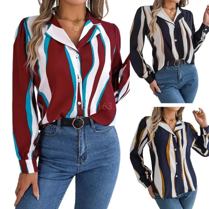

Fashion Blouses V Neck Button Down Shirts Long Sleeve Shirt Striped Print Tops Casual Loose Collar Sexy T-Shirts Gifts
