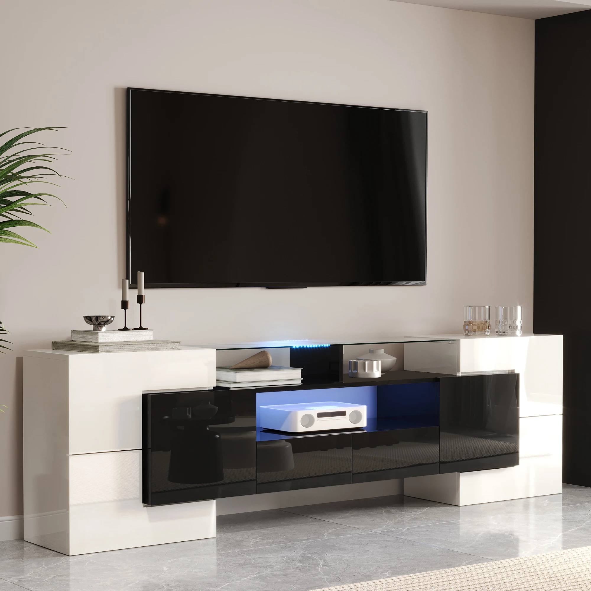 Meuble TV avec éclairage LED et surface en verre - MDF - 200x35x60 cm - Blanc et Noir