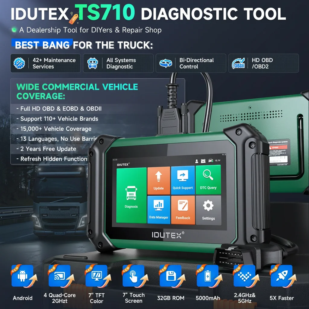 IDUTEX TS710 Schwerlast-LKW-Diagnosegerät, bidirektional, 42 Rückstellfunktionen, ECU‑Codierung, alle Systeme, Ölservice‑Reset, DPF‑Regeneration, OBD2‑Diesel‑LKW‑Diagnosewerkzeug – Detail 1