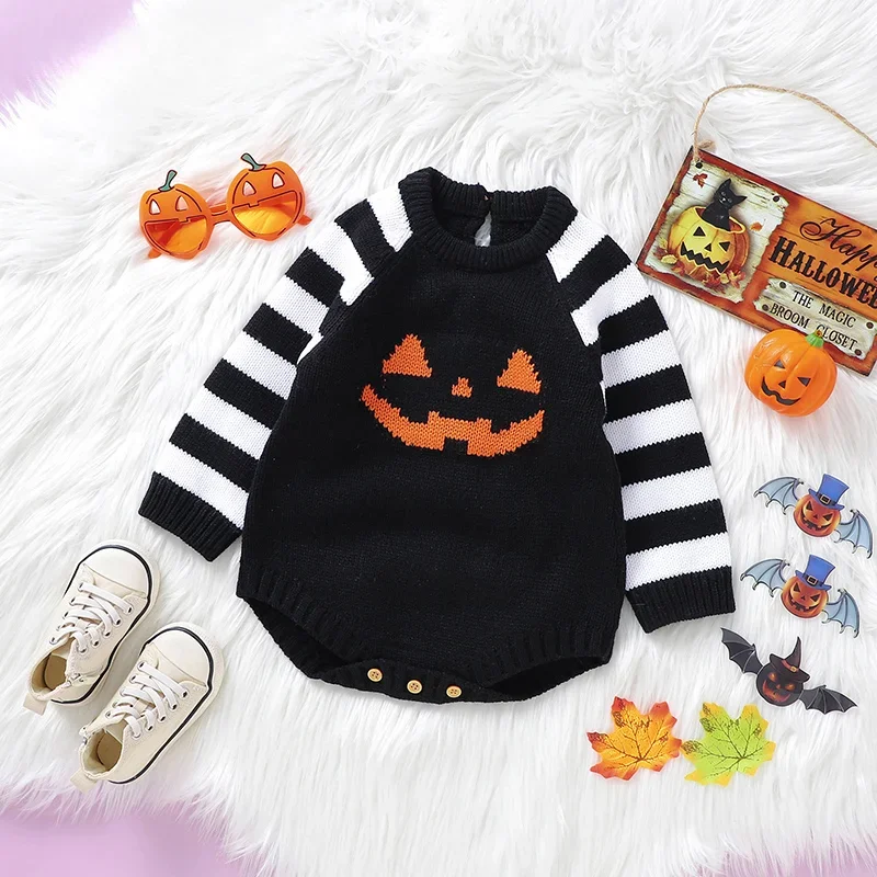 Newborn Boy Girl Bodysuits One Pieces 0-18m Infant Unisex Coveralls Jumpsuits Winter Baby Halloween Costumes Orange Pumpkin Knit