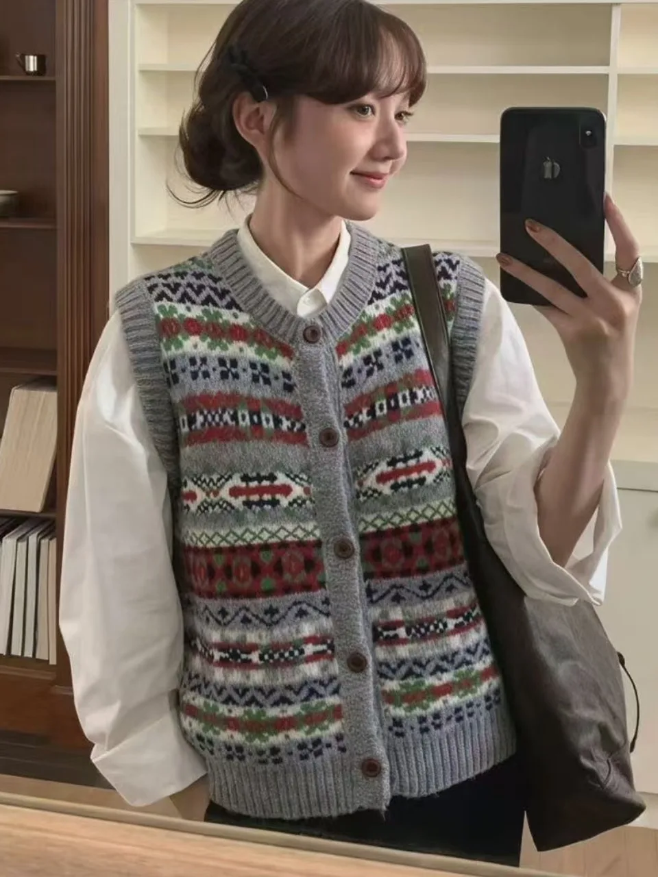 Chic Retro Fair Isle Pattern Short Sweater Cardigan Women's Layering Design Anti-Aging Vest Top Drawstring round Neck Thickened