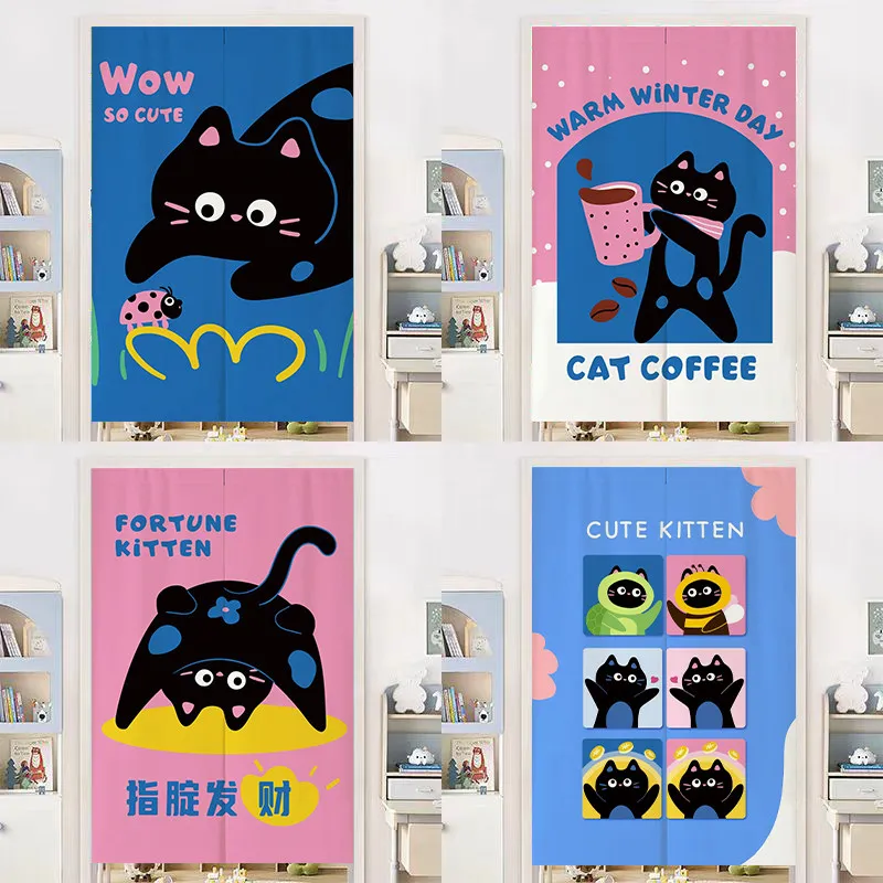 VIKAMA Cute Black Cat Noren Door Curtain Cartoon Print Hanging Curtain Kids Bedroom Door Partition Lovely Interior Home Decor