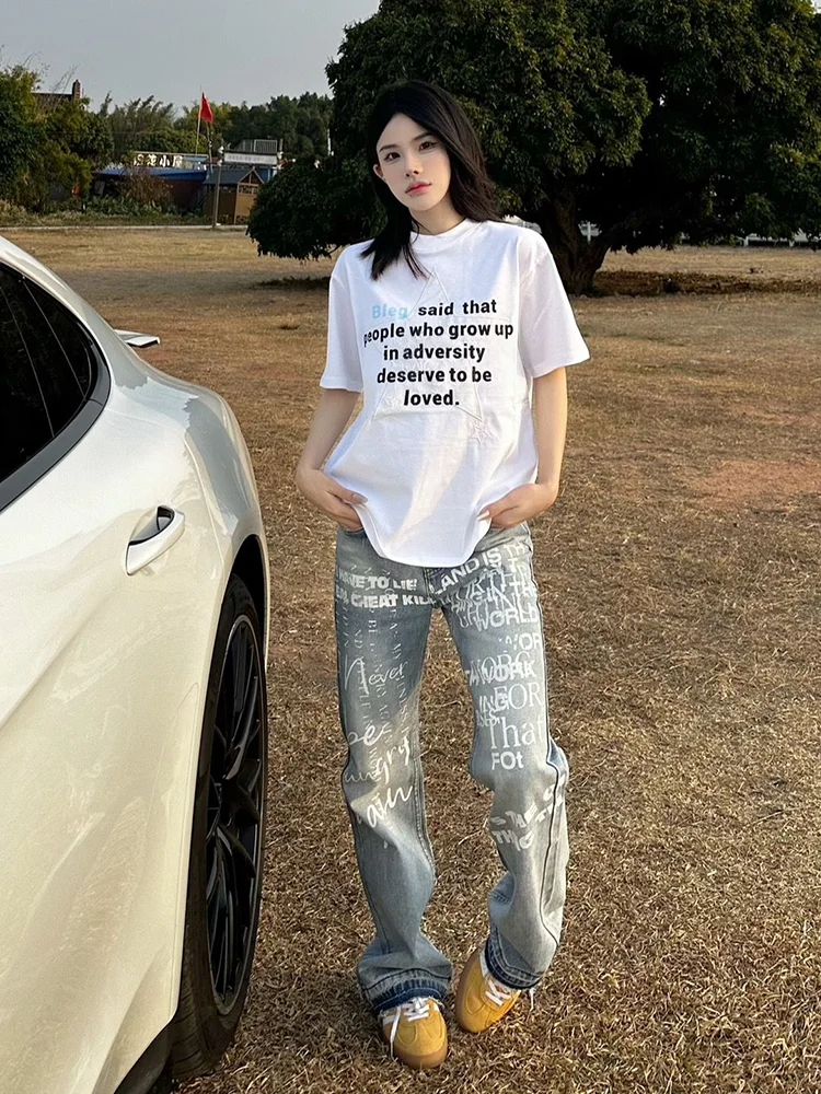 

Модные джинсы с буквенным принтом и рваным краем, прямого кроя, унисекс, в американском уличном стиле, молодежные, модные