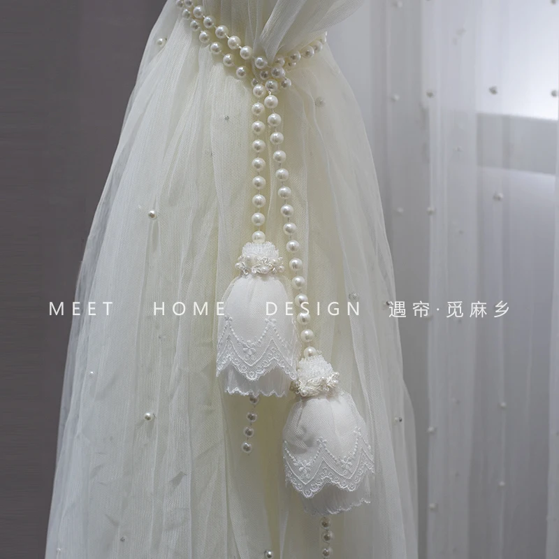 French Romantic Princess Curtain Strap Pearl Tie Gauze Curtain Lace French Curtain Magnolia Pearl Tie